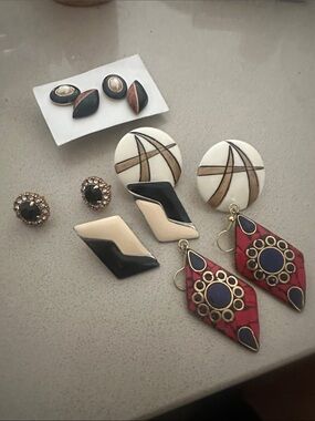 Bold Red and Navy Geometric Drop Earrings with Gold Accents - Women Jewelry